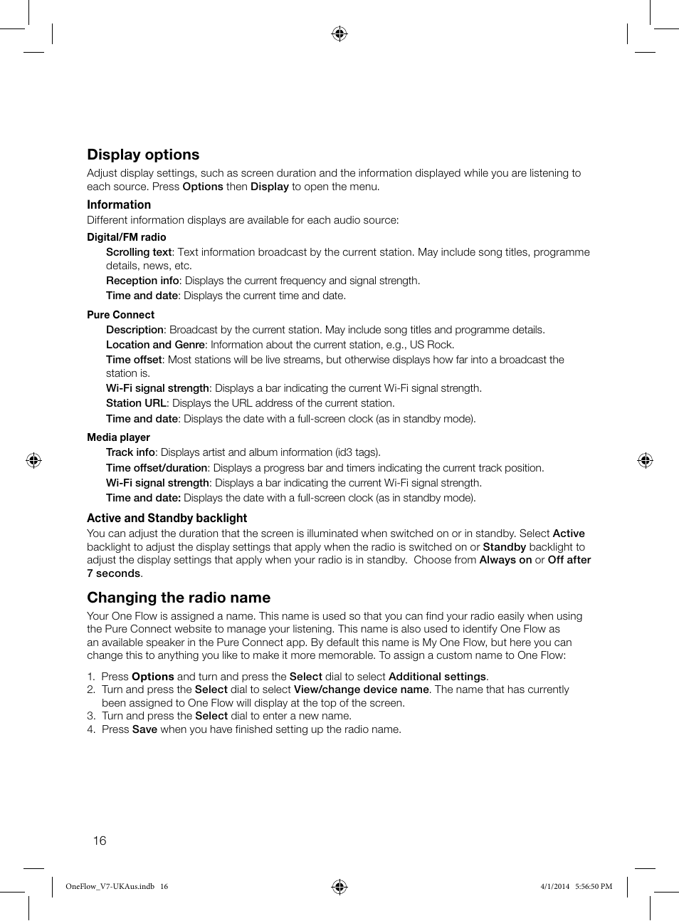 Display options, Changing the radio name | Pure ONE Flow User Manual | Page 18 / 24