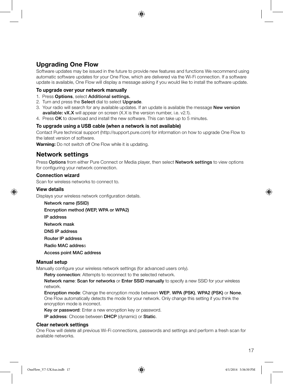 Upgrading one flow, Network settings | Pure ONE Flow User Manual | Page 19 / 24