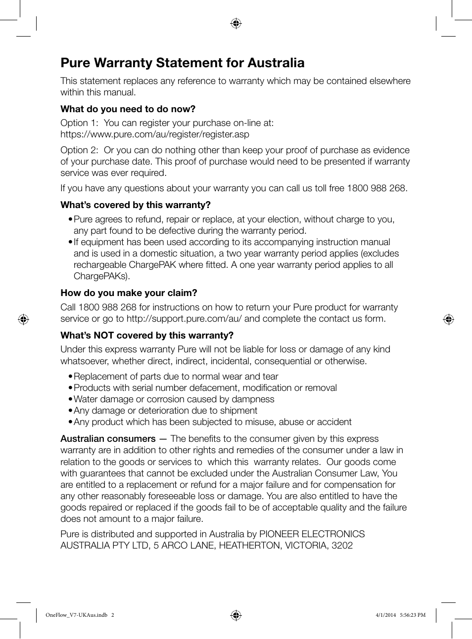 Pure warranty statement for australia | Pure ONE Flow User Manual | Page 2 / 24