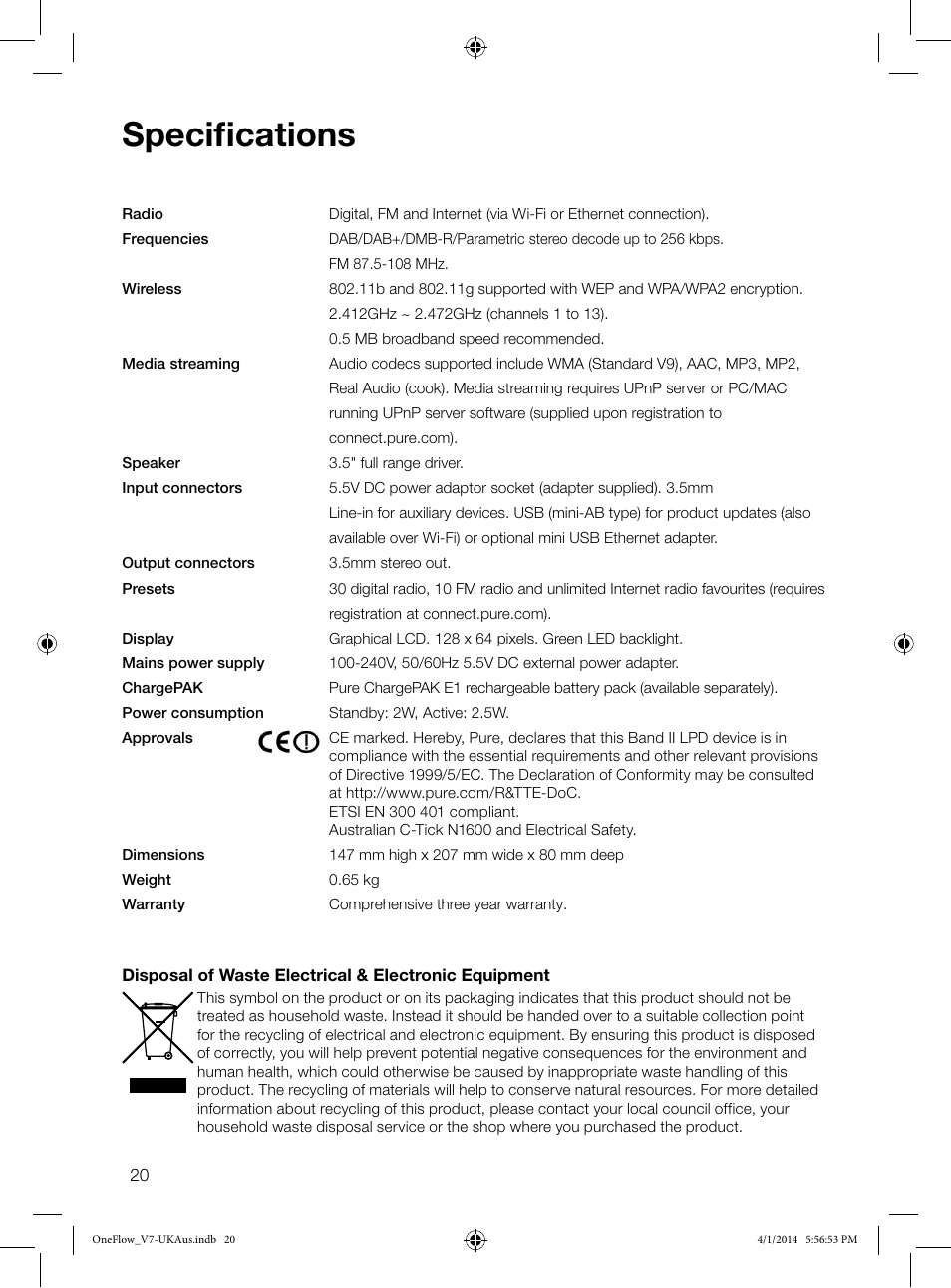 Specifications | Pure ONE Flow User Manual | Page 22 / 24