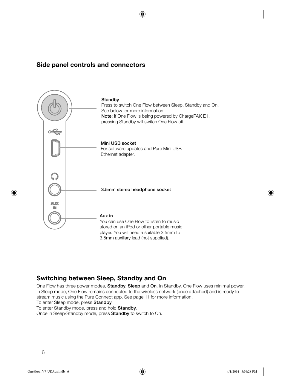 Side panel controls and connectors, Switching between sleep, standby and on | Pure ONE Flow User Manual | Page 8 / 24