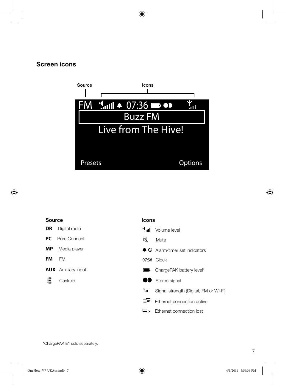 Live from the hive, Buzz fm, Presets options | Screen icons | Pure ONE Flow User Manual | Page 9 / 24