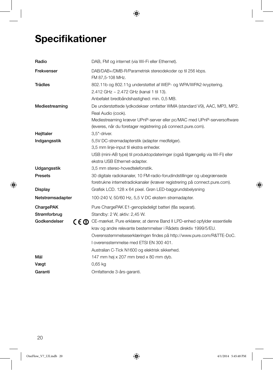 Specifikationer | Pure ONE Flow User Manual | Page 100 / 132