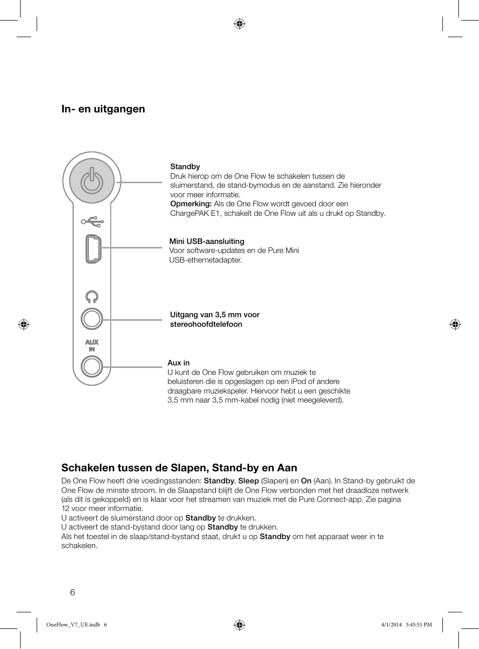 In- en uitgangen, Schakelen tussen de slapen, stand-by en aan | Pure ONE Flow User Manual | Page 108 / 132