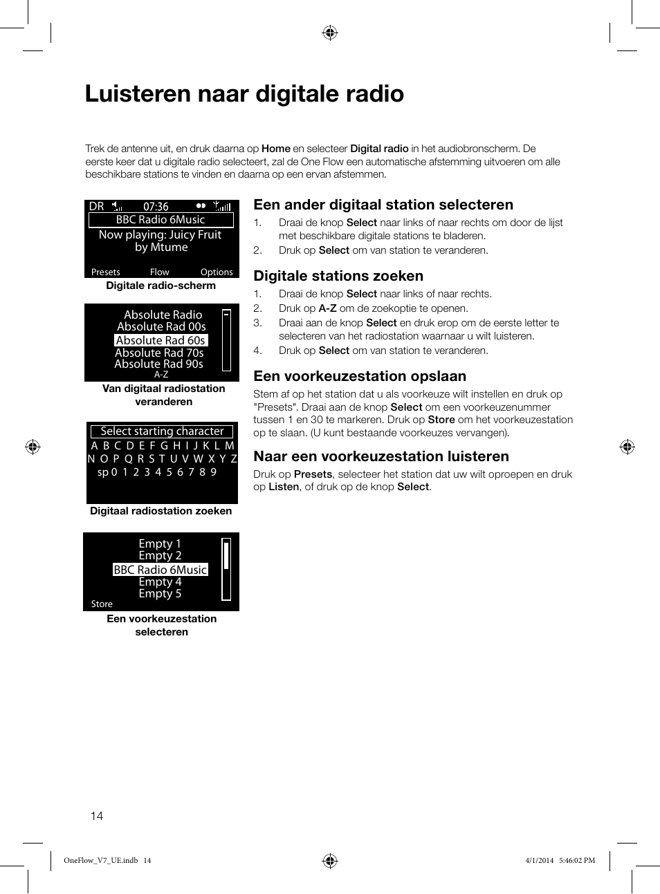 Luisteren naar digitale radio, Een ander digitaal station selecteren, Digitale stations zoeken | Een voorkeuzestation opslaan, Naar een voorkeuzestation luisteren | Pure ONE Flow User Manual | Page 116 / 132