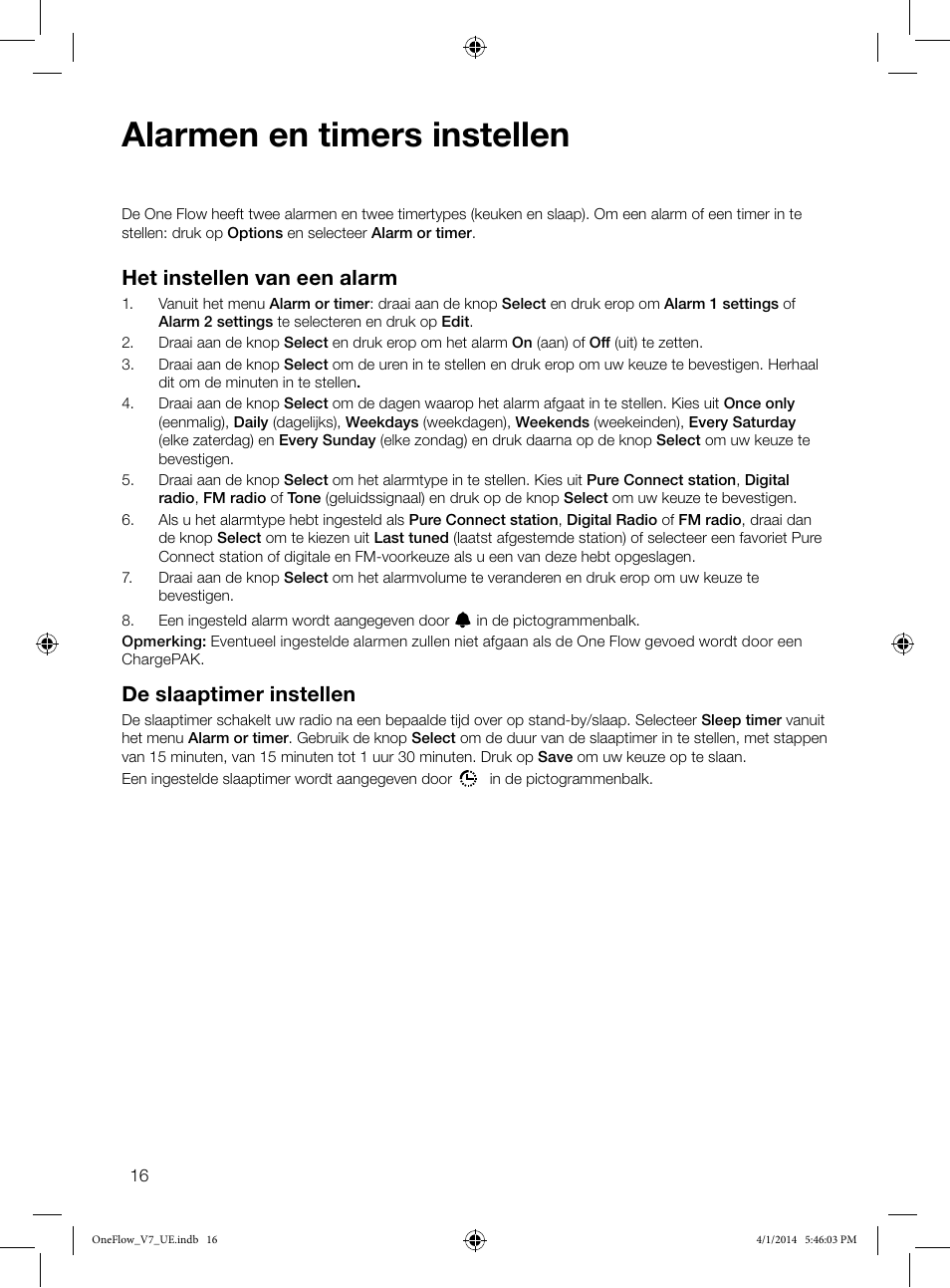 Alarmen en timers instellen, Het instellen van een alarm, De slaaptimer instellen | Pure ONE Flow User Manual | Page 118 / 132