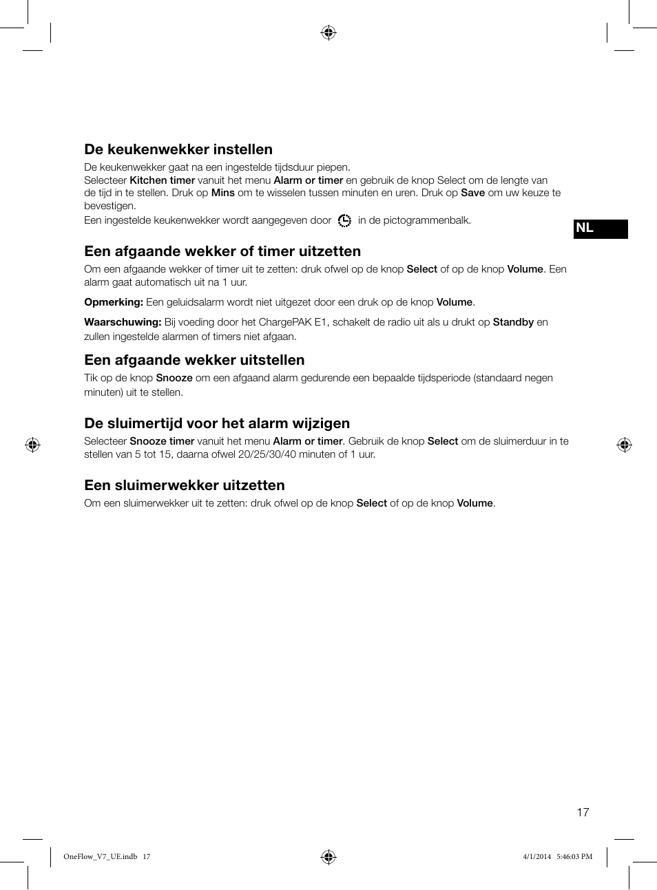 De keukenwekker instellen, Een afgaande wekker of timer uitzetten, Een afgaande wekker uitstellen | De sluimertijd voor het alarm wijzigen, Een sluimerwekker uitzetten | Pure ONE Flow User Manual | Page 119 / 132