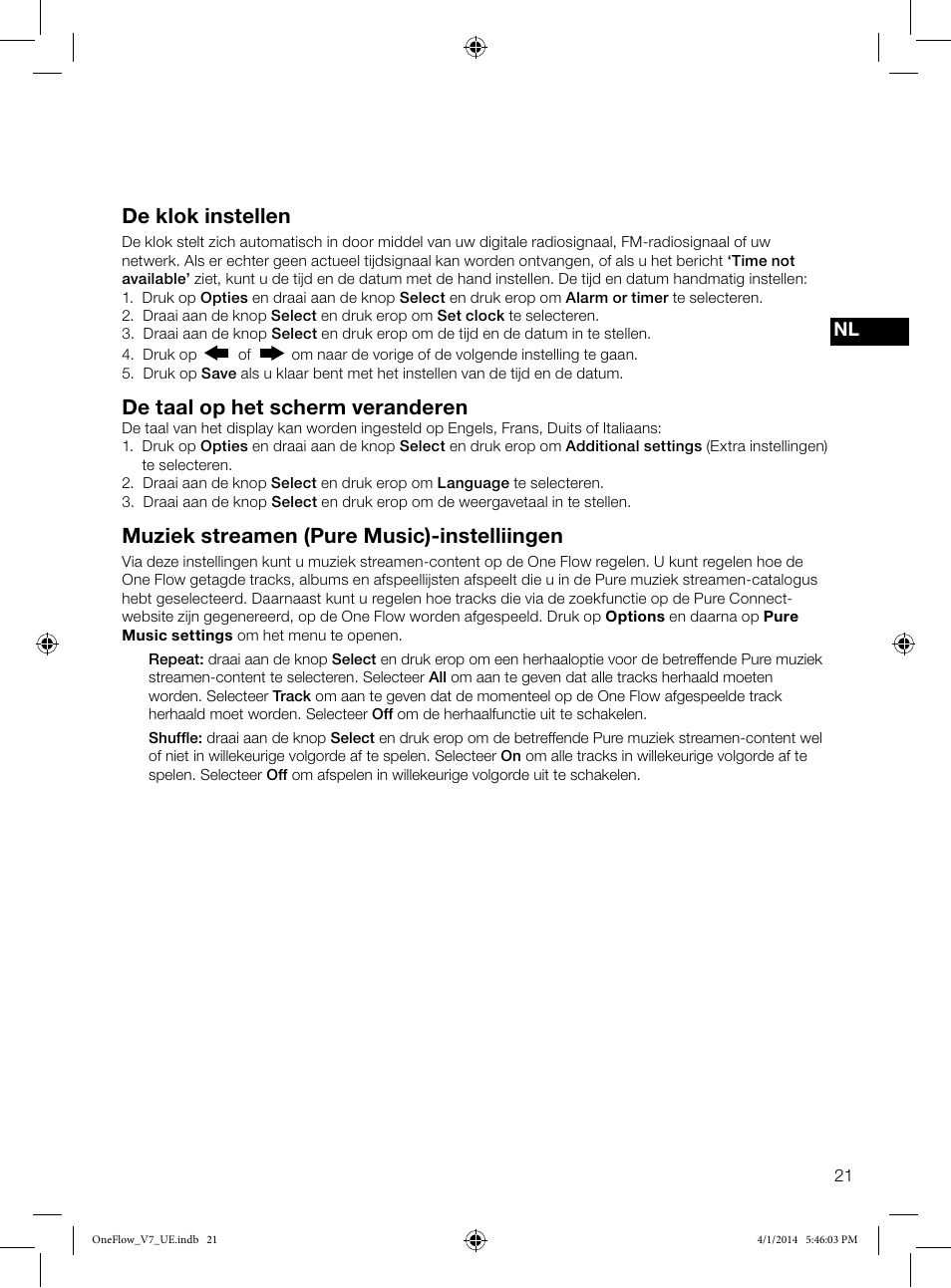 De klok instellen, De taal op het scherm veranderen, Muziek streamen (pure music)-instelliingen | Pure ONE Flow User Manual | Page 123 / 132