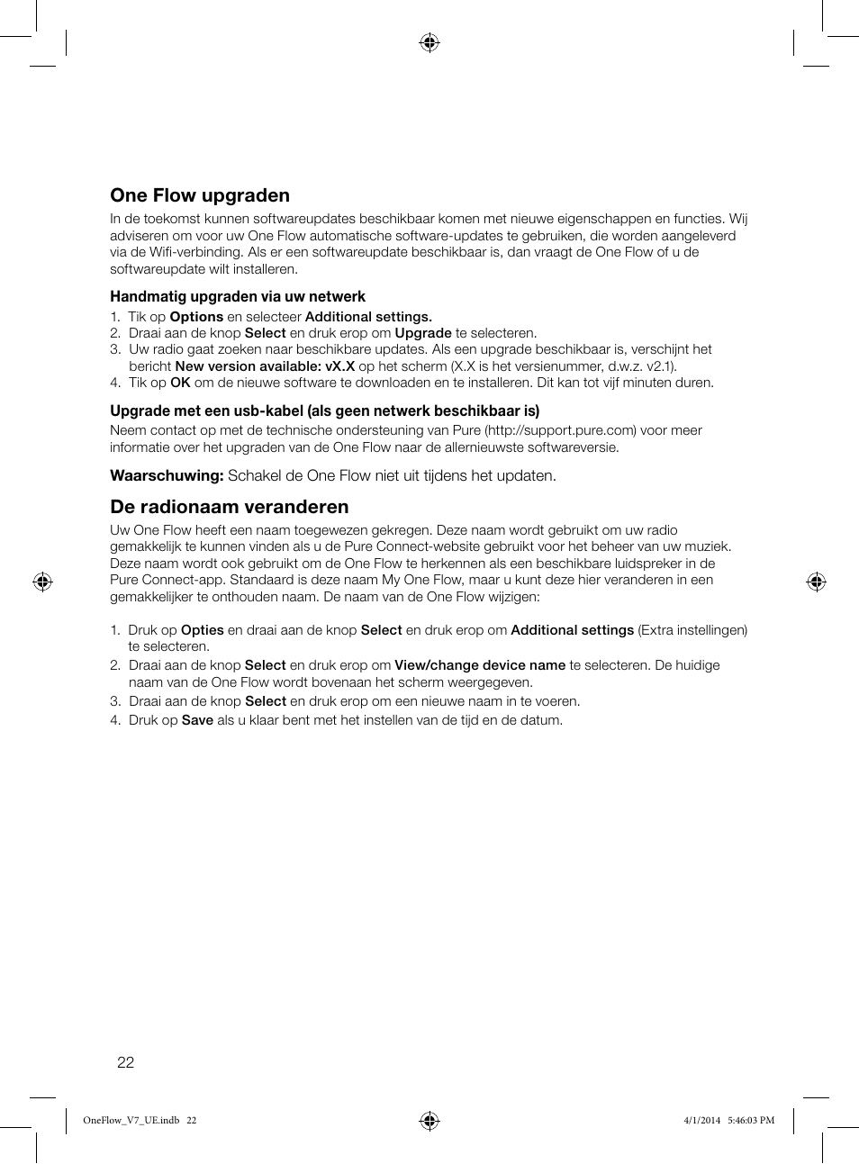 One flow upgraden, De radionaam veranderen | Pure ONE Flow User Manual | Page 124 / 132
