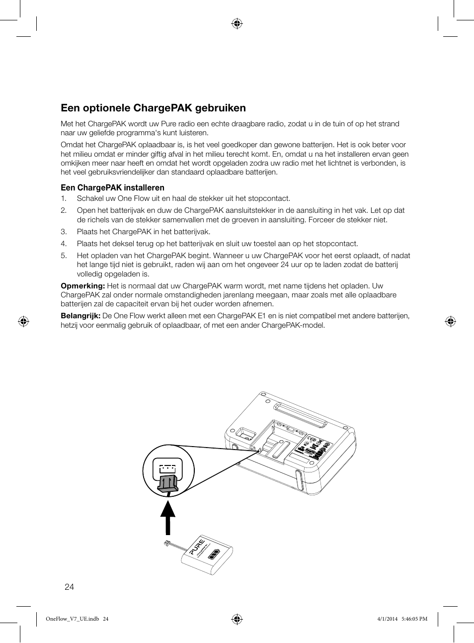 Een optionele chargepak gebruiken | Pure ONE Flow User Manual | Page 126 / 132