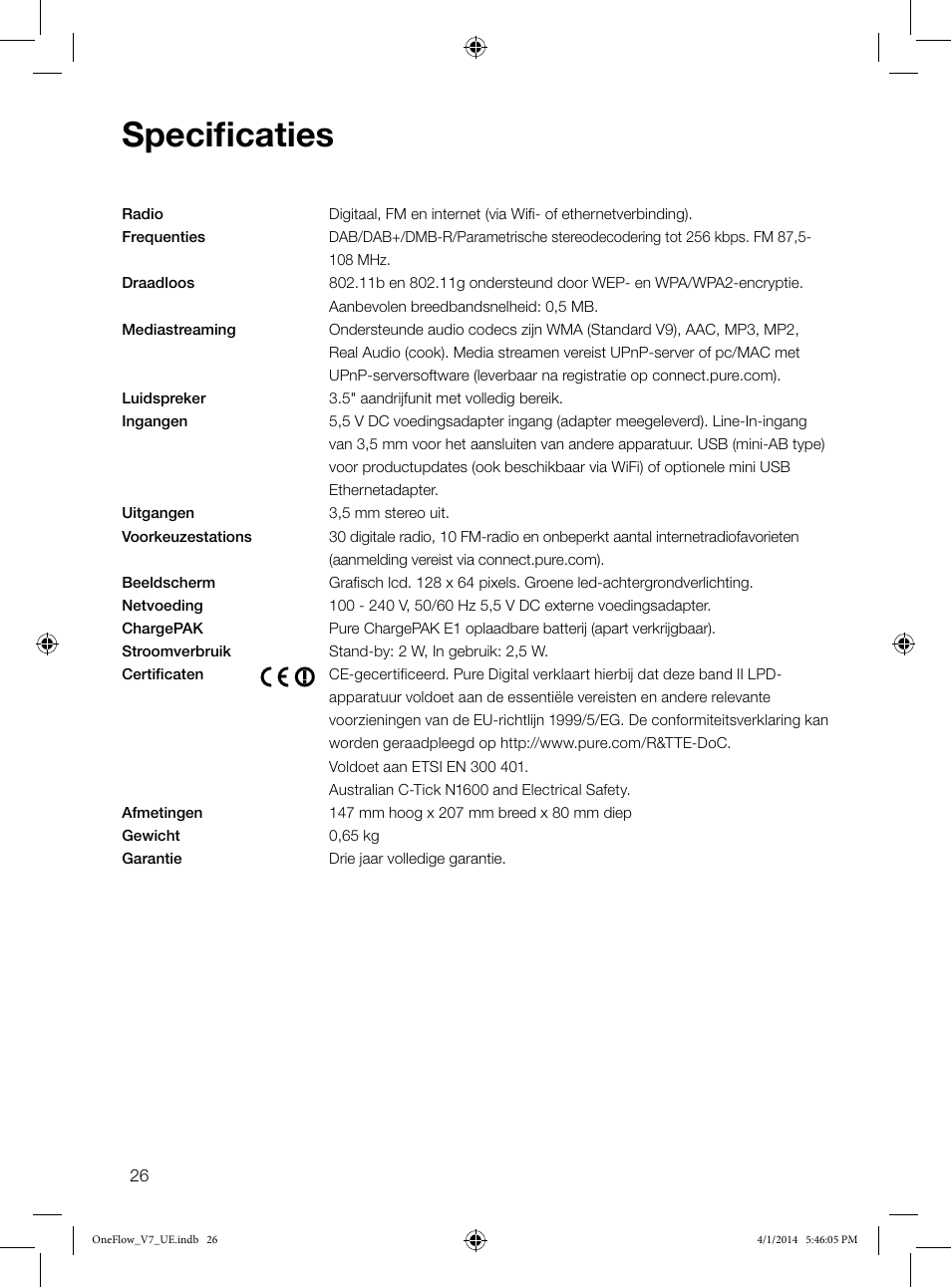 Specificaties | Pure ONE Flow User Manual | Page 128 / 132