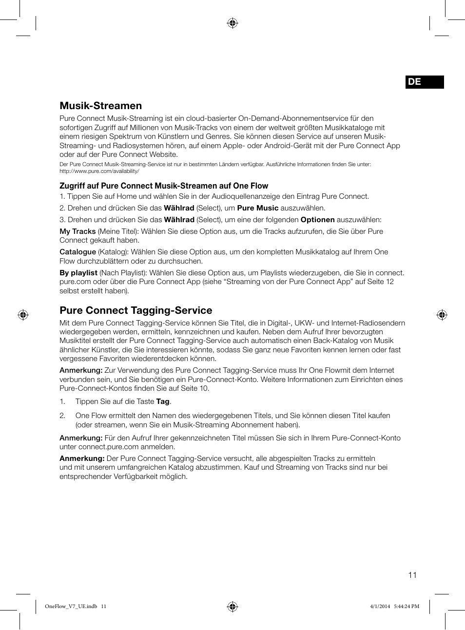 Musik-streamen, Pure connect tagging-service | Pure ONE Flow User Manual | Page 13 / 132