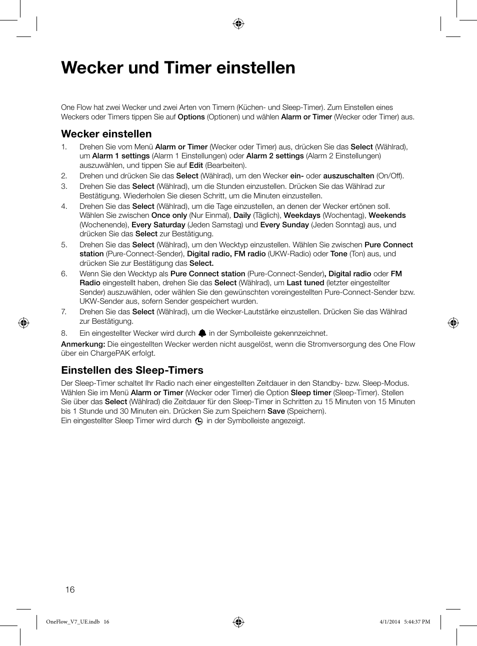 Wecker und timer einstellen, Wecker einstellen, Einstellen des sleep-timers | Pure ONE Flow User Manual | Page 18 / 132