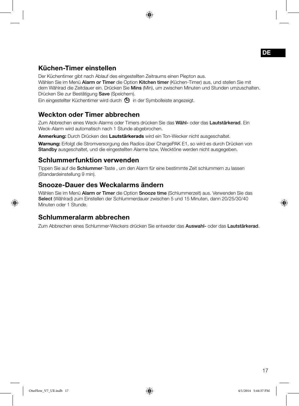 Küchen-timer einstellen, Weckton oder timer abbrechen, Schlummerfunktion verwenden | Snooze-dauer des weckalarms ändern, Schlummeralarm abbrechen | Pure ONE Flow User Manual | Page 19 / 132