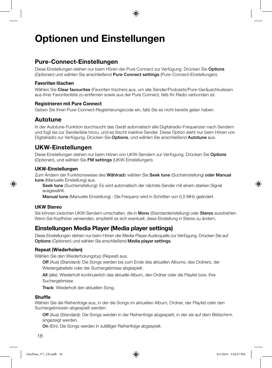 Optionen und einstellungen, Pure-connect-einstellungen, Autotune | Ukw-einstellungen, Einstellungen media player (media player settings) | Pure ONE Flow User Manual | Page 20 / 132