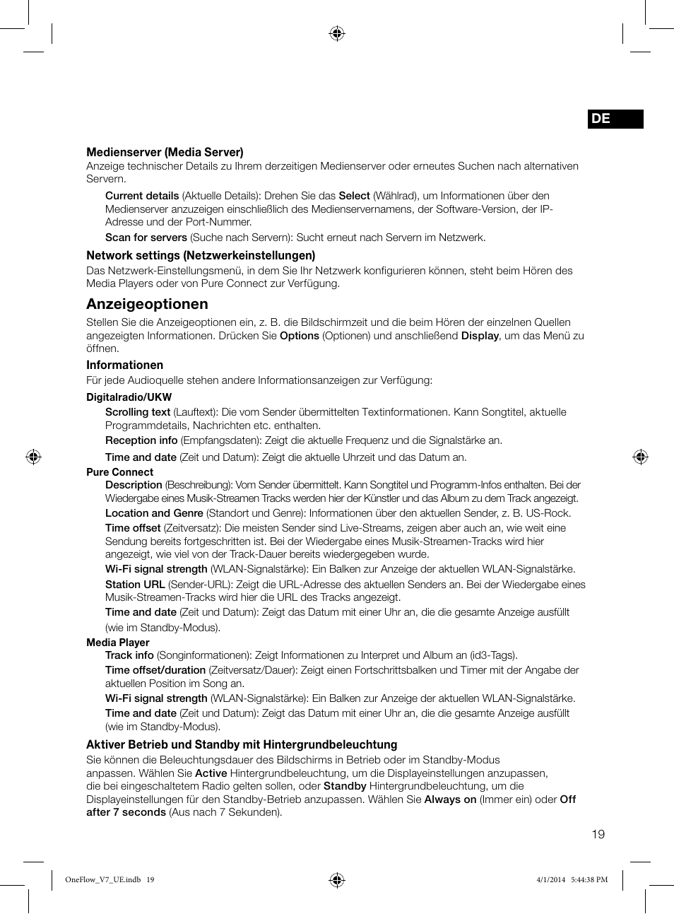 Anzeigeoptionen | Pure ONE Flow User Manual | Page 21 / 132