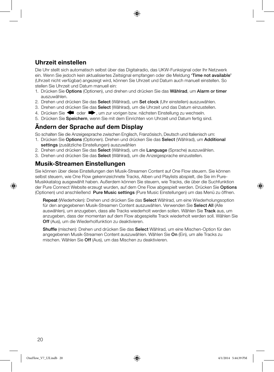 Uhrzeit einstellen, Ändern der sprache auf dem display, Musik-streamen einstellungen | Pure ONE Flow User Manual | Page 22 / 132