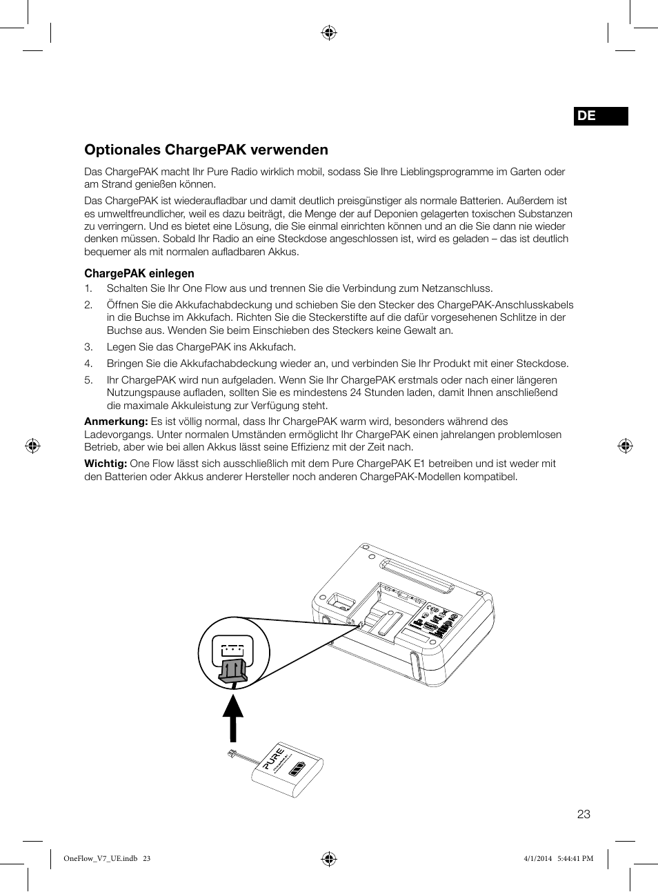 Optionales chargepak verwenden | Pure ONE Flow User Manual | Page 25 / 132