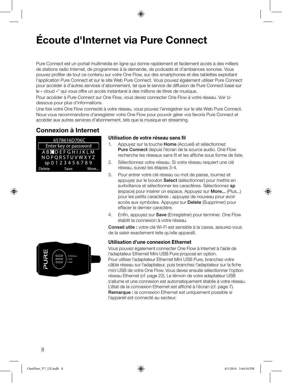 Écoute d'internet via pure connect, Connexion à internet | Pure ONE Flow User Manual | Page 36 / 132