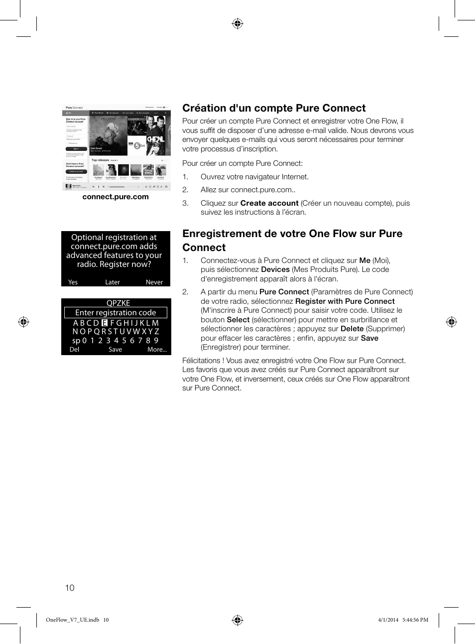 Création d'un compte pure connect, Enregistrement de votre one flow sur pure connect | Pure ONE Flow User Manual | Page 38 / 132