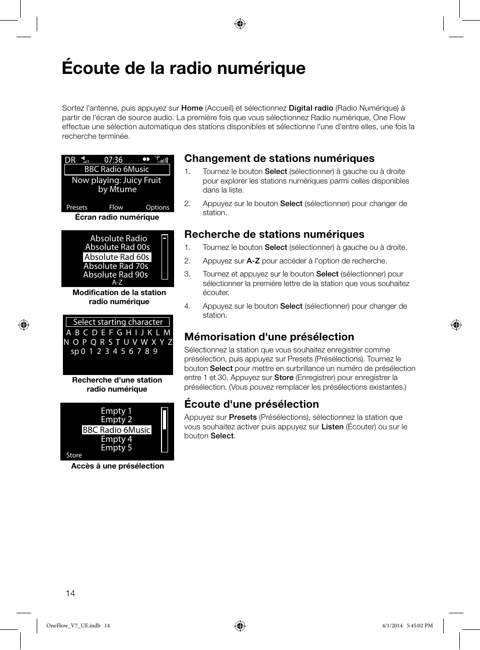 Écoute de la radio numérique, Changement de stations numériques, Recherche de stations numériques | Mémorisation d'une présélection, Écoute d'une présélection | Pure ONE Flow User Manual | Page 42 / 132