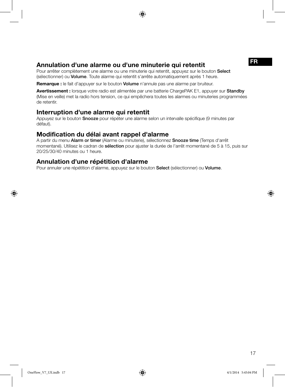 Interruption d'une alarme qui retentit, Modification du délai avant rappel d'alarme, Annulation d'une répétition d'alarme | Pure ONE Flow User Manual | Page 45 / 132