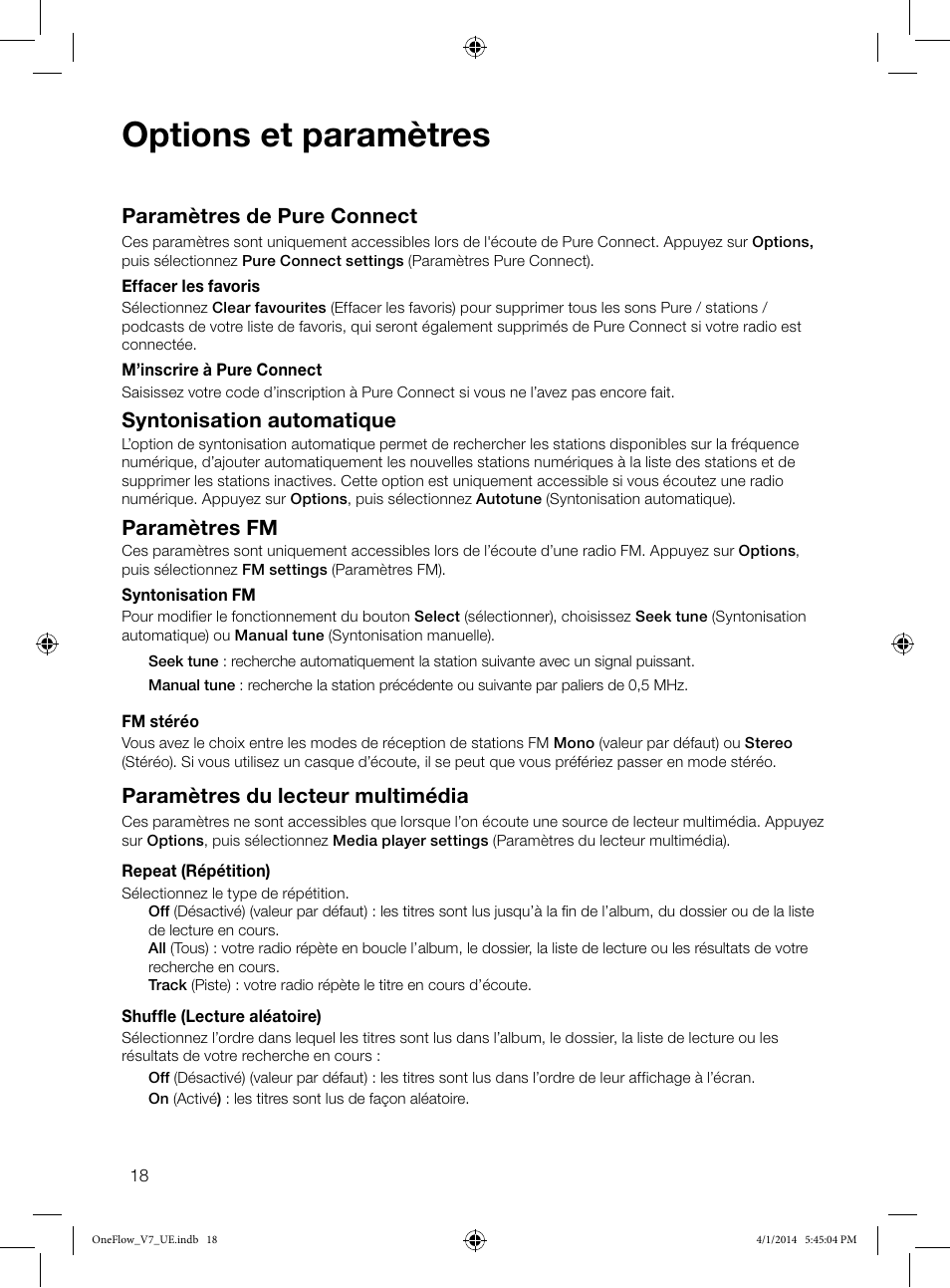 Options et paramètres, Paramètres de pure connect, Syntonisation automatique | Paramètres fm, Paramètres du lecteur multimédia | Pure ONE Flow User Manual | Page 46 / 132