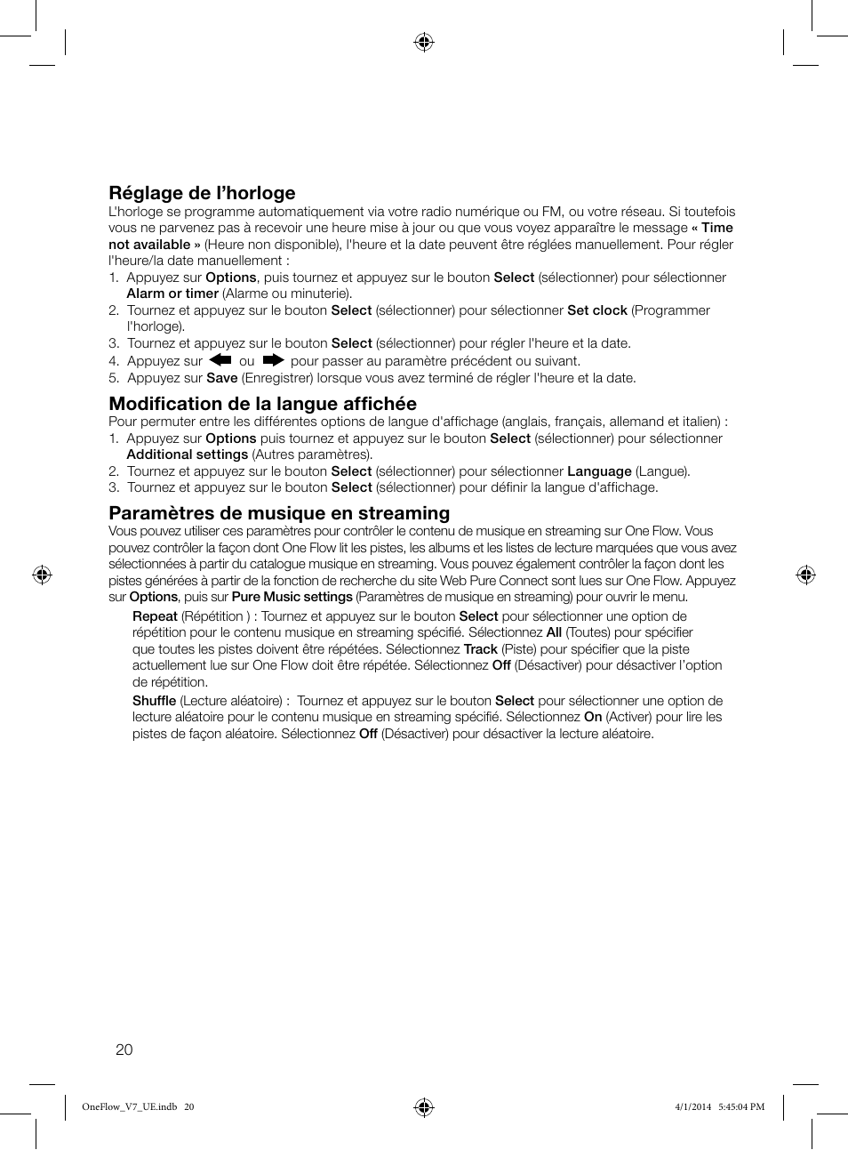 Réglage de l’horloge, Modification de la langue affichée, Paramètres de musique en streaming | Pure ONE Flow User Manual | Page 48 / 132