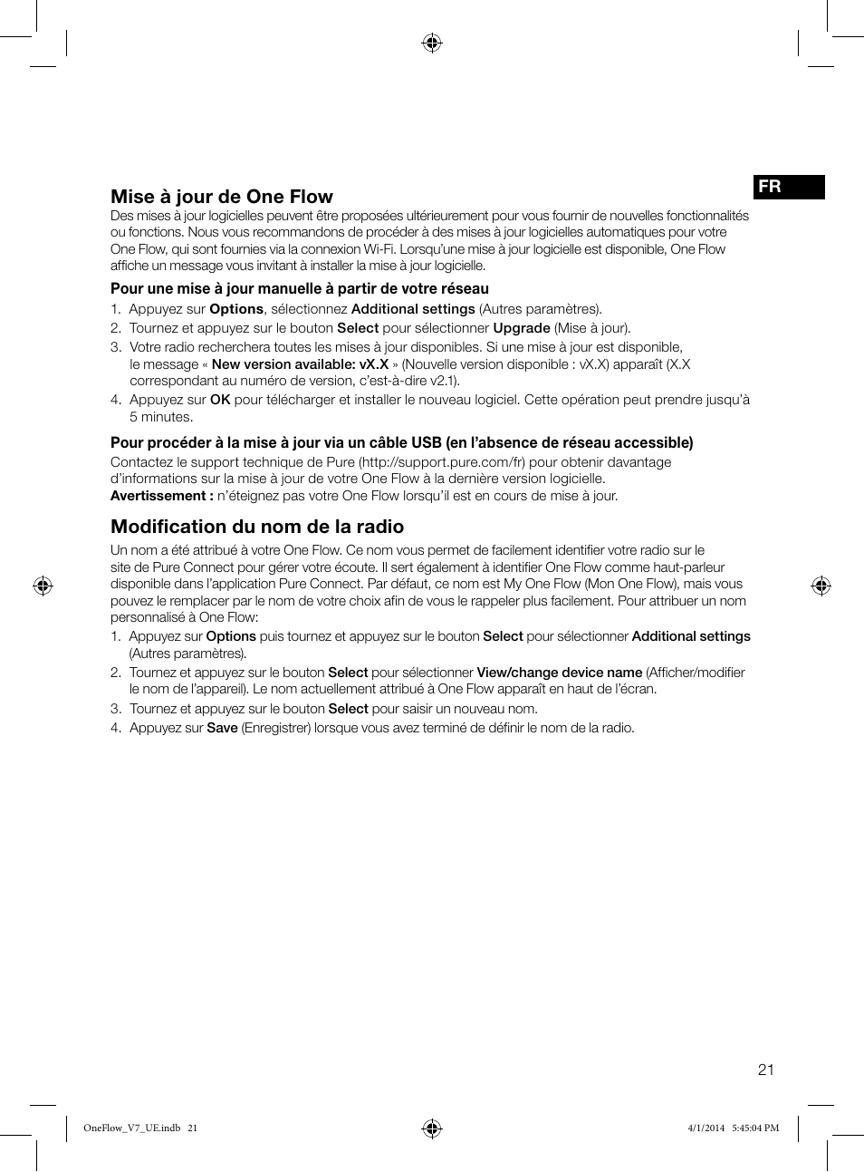 Mise à jour de one flow, Modification du nom de la radio | Pure ONE Flow User Manual | Page 49 / 132