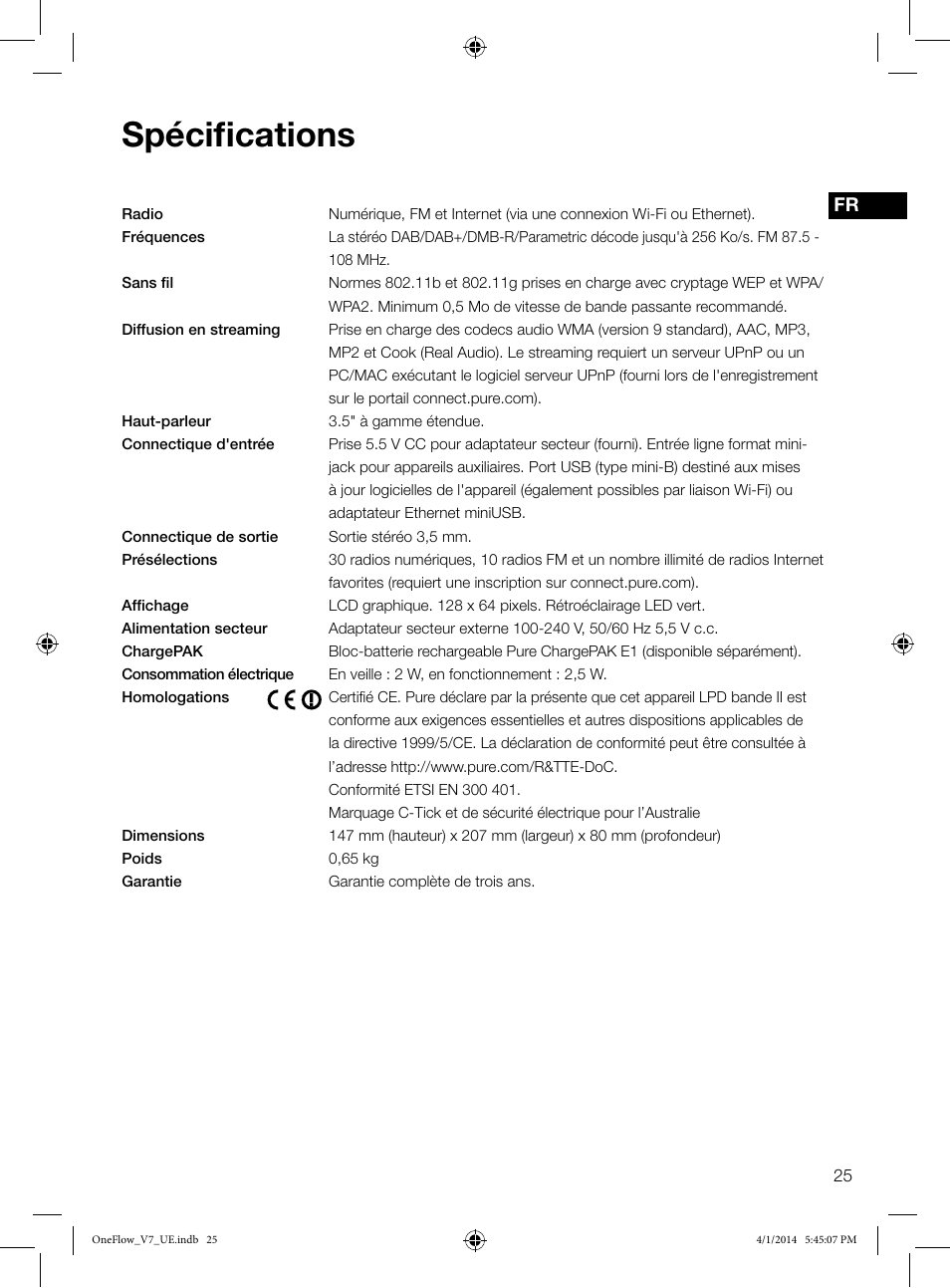 Spécifications | Pure ONE Flow User Manual | Page 53 / 132