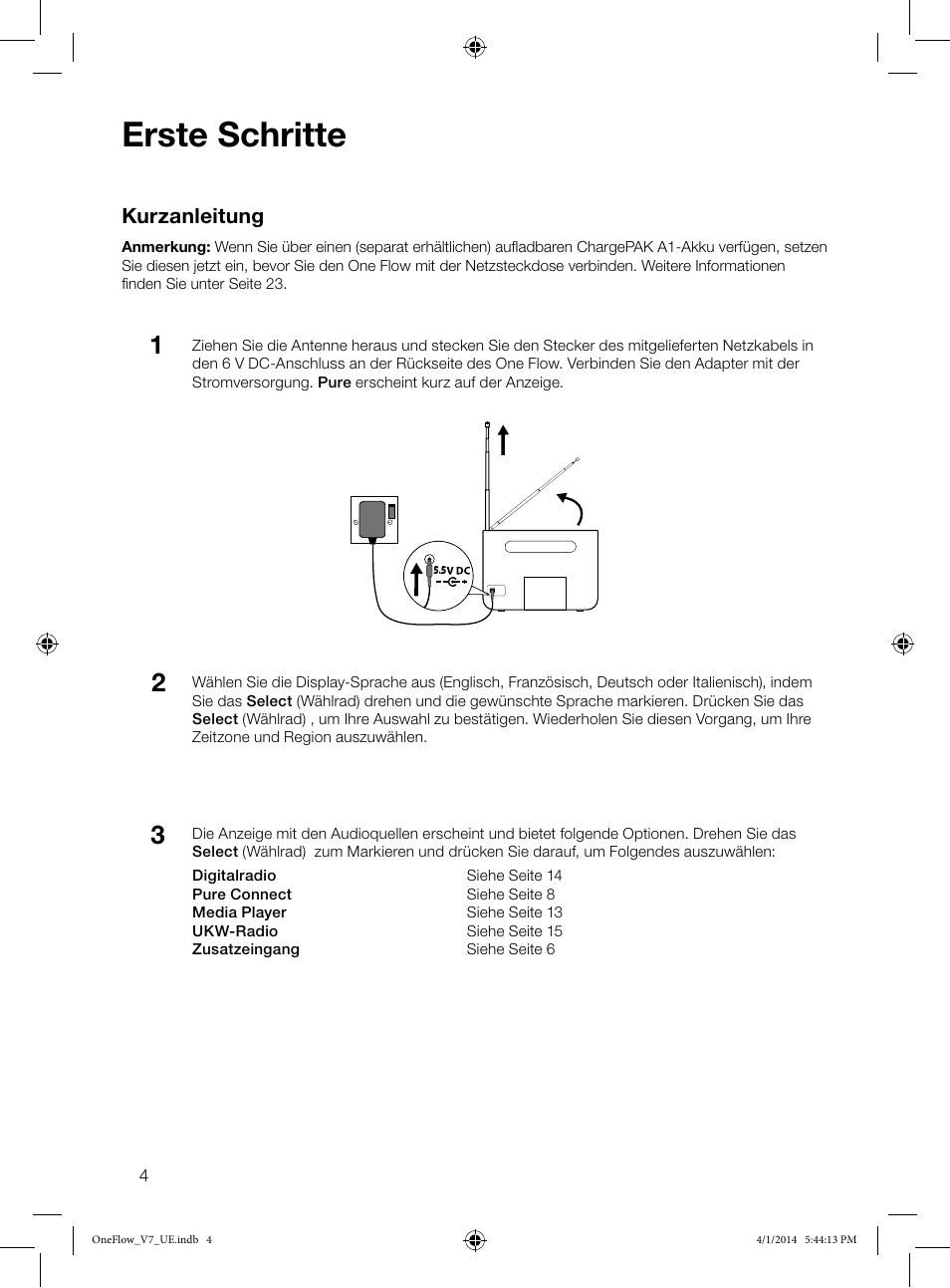 Erste schritte, Kurzanleitung | Pure ONE Flow User Manual | Page 6 / 132