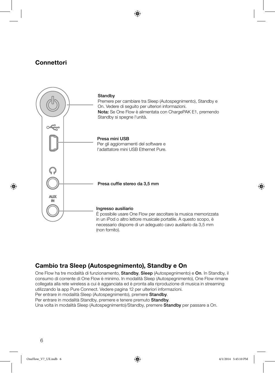 Connettori, Cambio tra sleep (autospegnimento), standby e on | Pure ONE Flow User Manual | Page 60 / 132