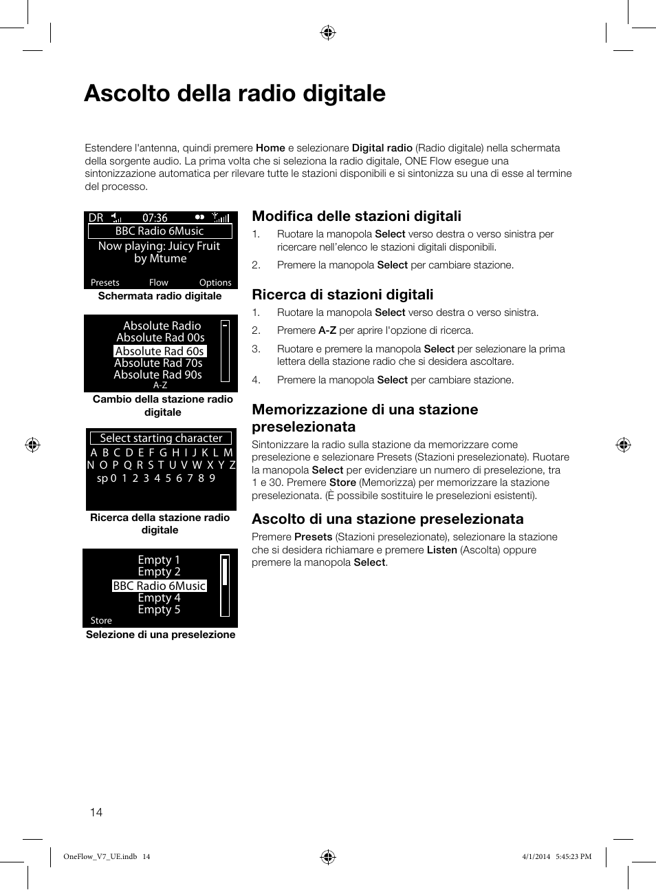 Ascolto della radio digitale, Modifica delle stazioni digitali, Ricerca di stazioni digitali | Ascolto di una stazione preselezionata | Pure ONE Flow User Manual | Page 68 / 132