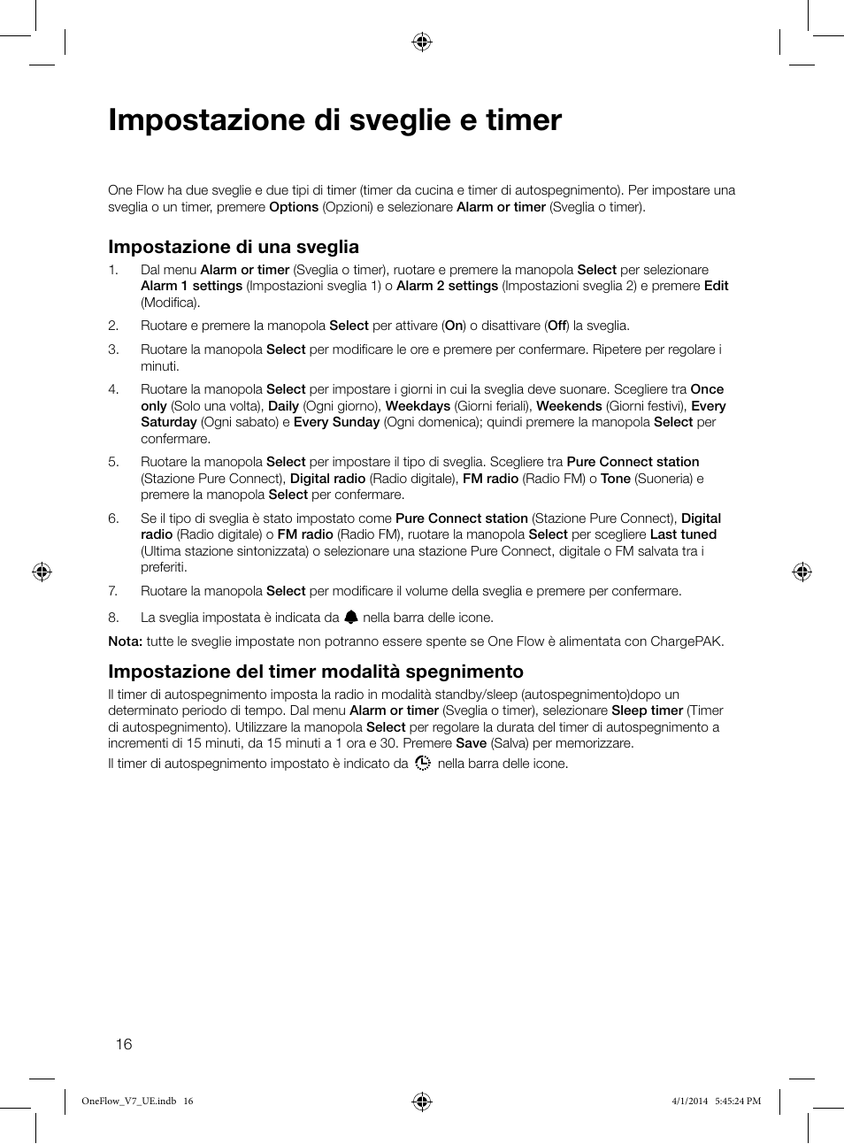 Impostazione di sveglie e timer, Impostazione di una sveglia, Impostazione del timer modalità spegnimento | Pure ONE Flow User Manual | Page 70 / 132