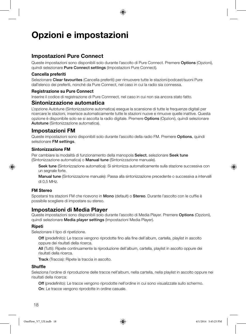 Opzioni e impostazioni, Impostazioni pure connect, Sintonizzazione automatica | Impostazioni fm, Impostazioni di media player | Pure ONE Flow User Manual | Page 72 / 132