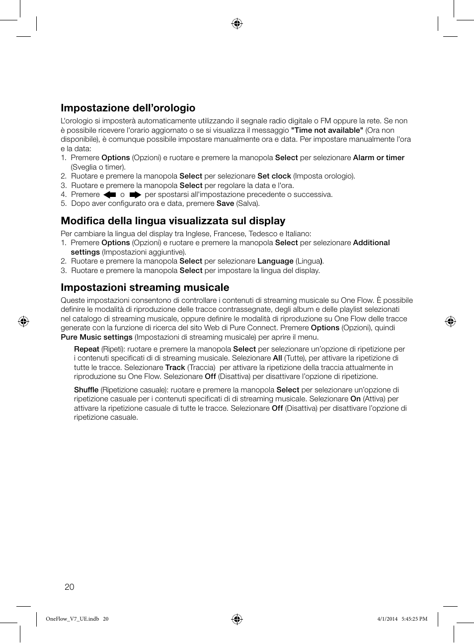 Impostazione dell’orologio, Modifica della lingua visualizzata sul display, Impostazioni streaming musicale | Pure ONE Flow User Manual | Page 74 / 132