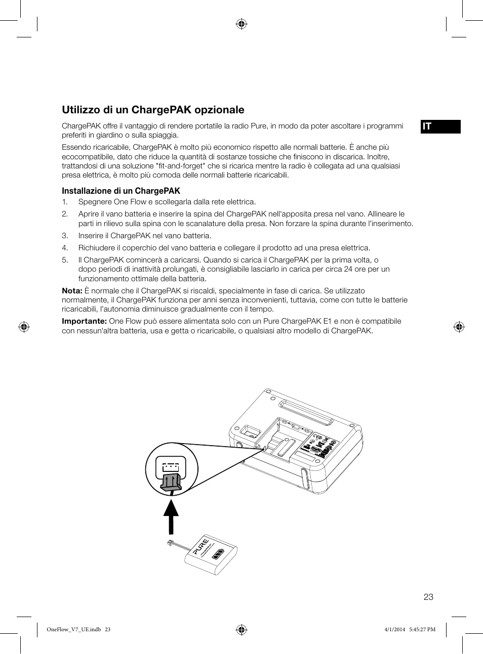 Utilizzo di un chargepak opzionale | Pure ONE Flow User Manual | Page 77 / 132