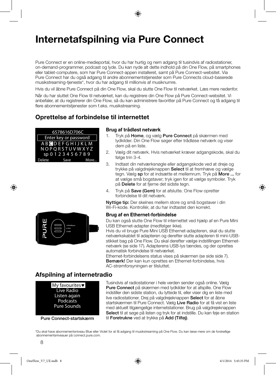 Internetafspilning via pure connect, Oprettelse af forbindelse til internettet, Afspilning af internetradio | Pure ONE Flow User Manual | Page 88 / 132