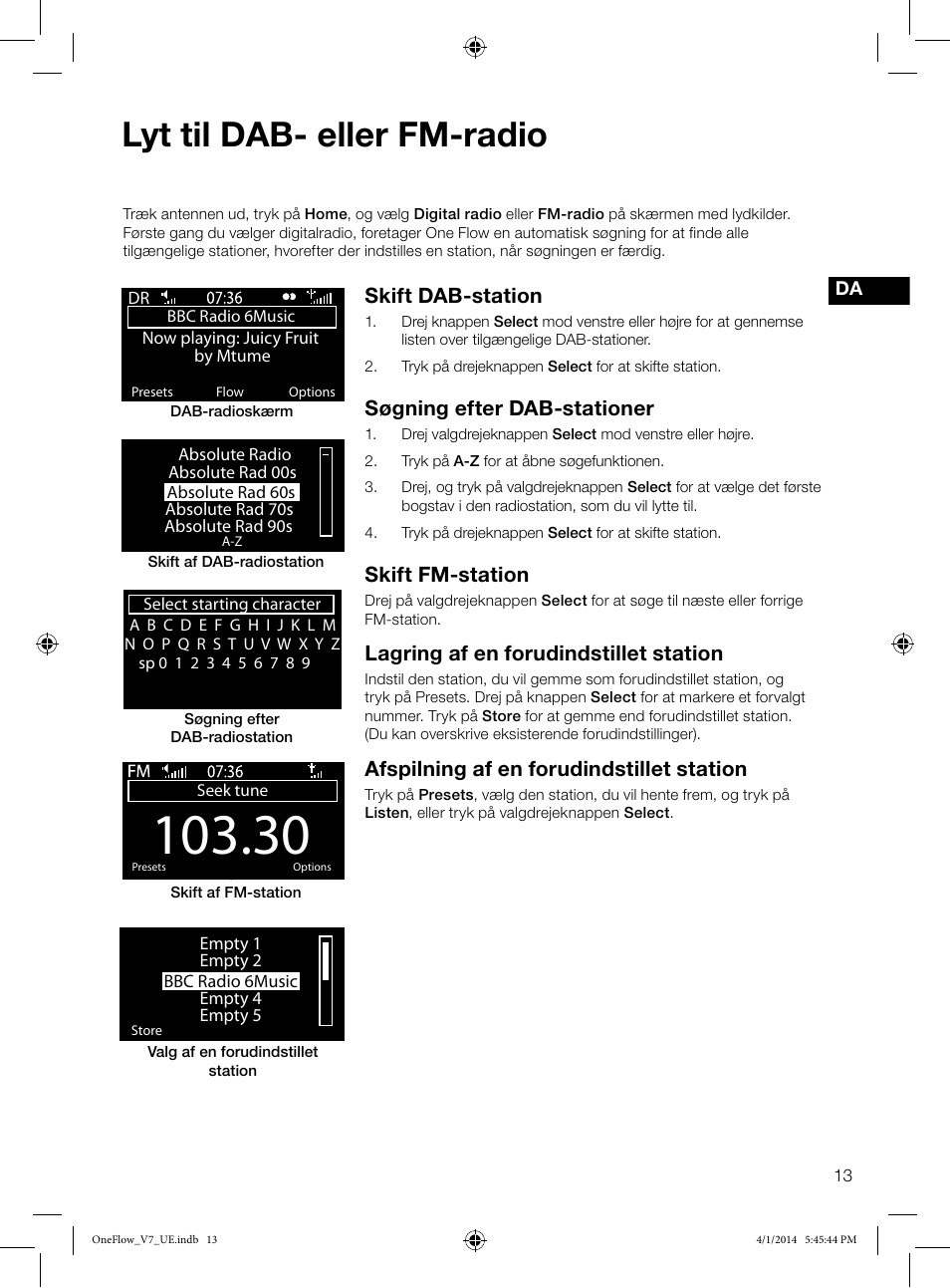 Lyt til dab- eller fm-radio, Skift dab-station, Søgning efter dab-stationer | Skift fm-station, Lagring af en forudindstillet station, Afspilning af en forudindstillet station | Pure ONE Flow User Manual | Page 93 / 132