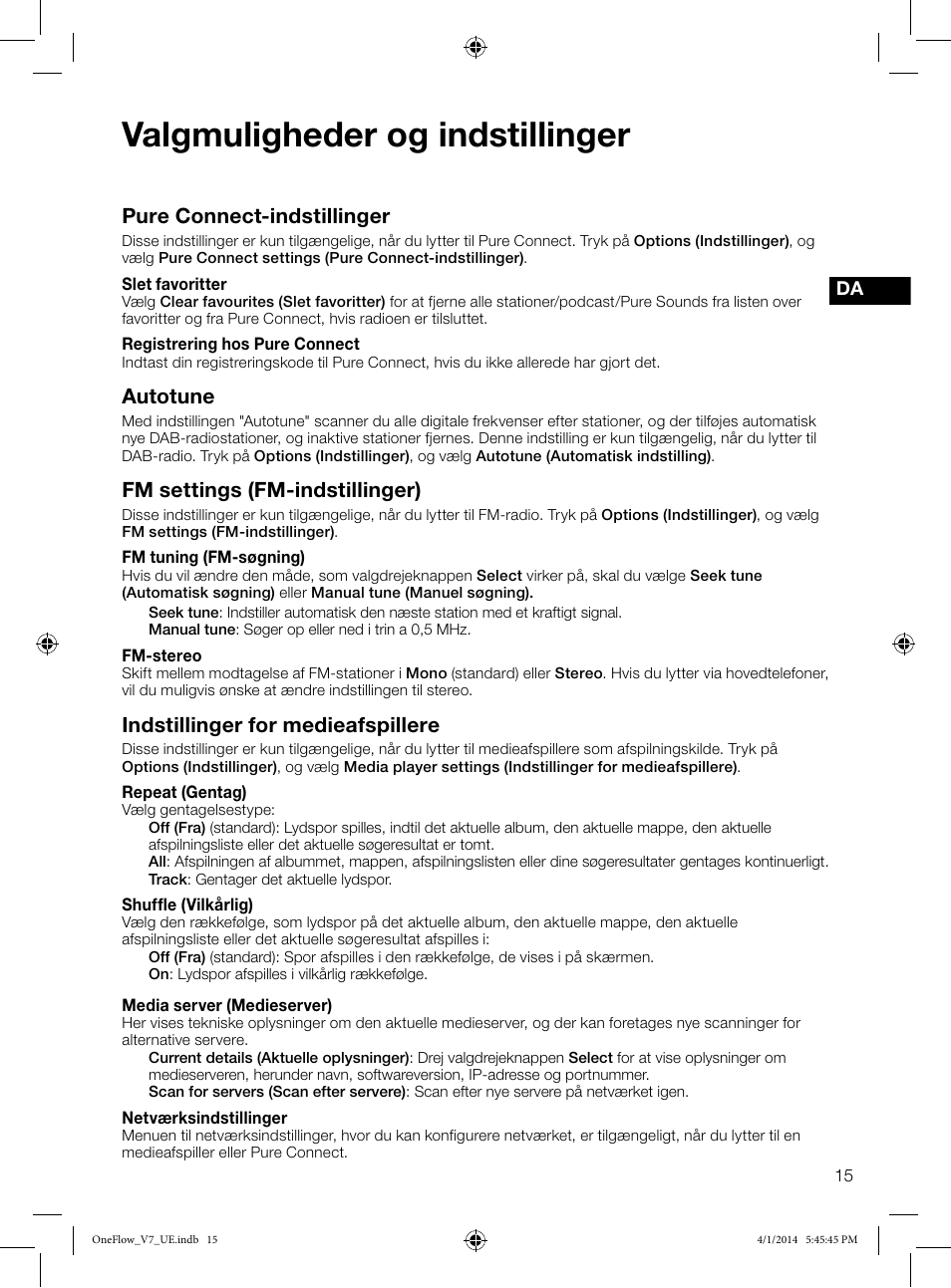 Valgmuligheder og indstillinger, Pure connect-indstillinger, Autotune | Fm settings (fm-indstillinger), Indstillinger for medieafspillere | Pure ONE Flow User Manual | Page 95 / 132