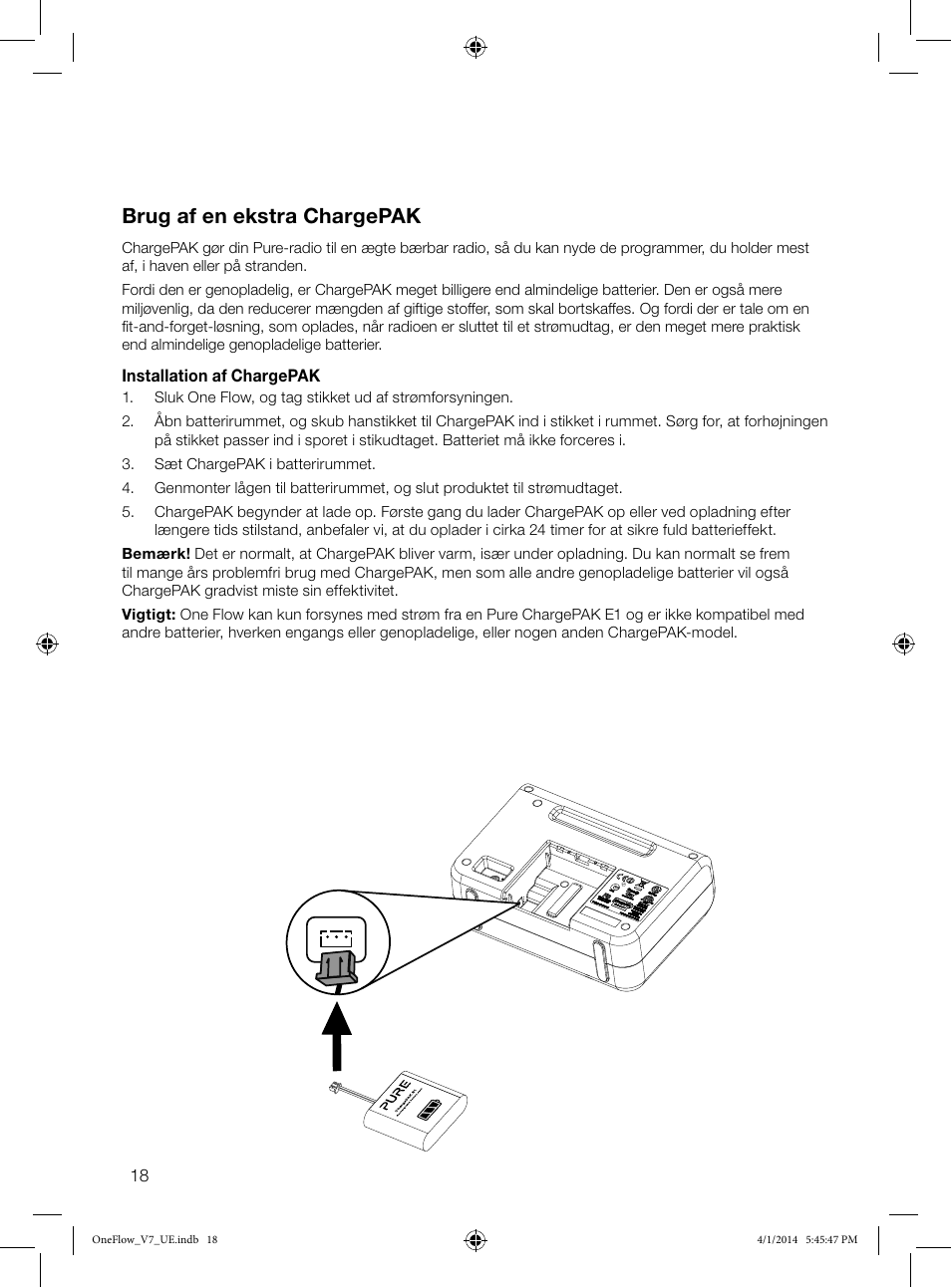 Brug af en ekstra chargepak | Pure ONE Flow User Manual | Page 98 / 132