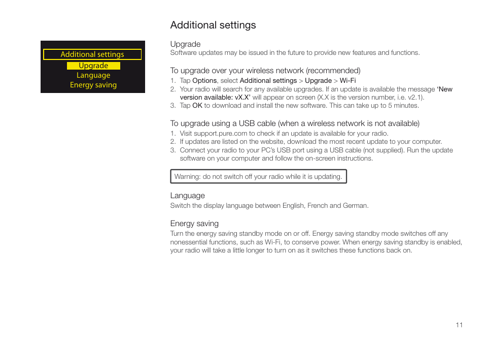 Additional settings | Pure Oasis Flow - User Guide User Manual | Page 11 / 20