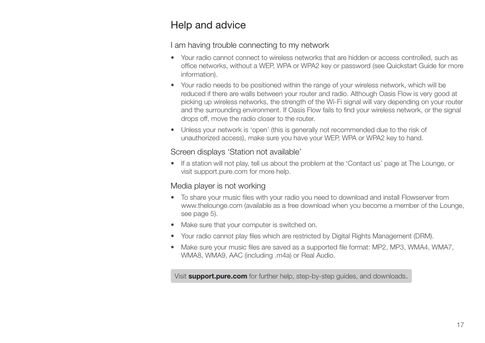 Help and advice | Pure Oasis Flow - User Guide User Manual | Page 17 / 20