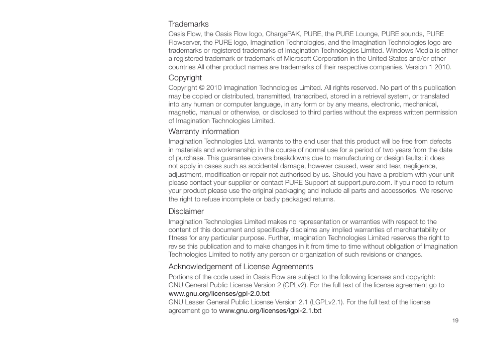 Trademark and warranty information | Pure Oasis Flow - User Guide User Manual | Page 19 / 20