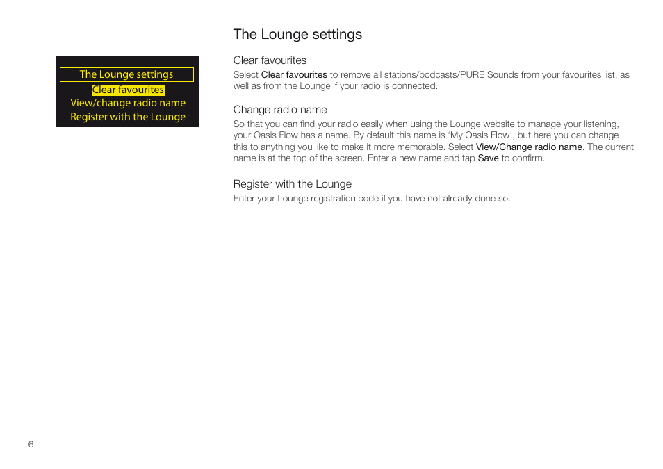 The lounge settings | Pure Oasis Flow - User Guide User Manual | Page 6 / 20