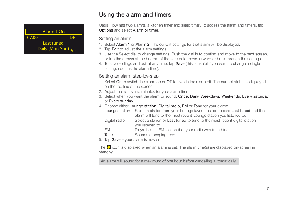 Using the alarm and timers | Pure Oasis Flow - User Guide User Manual | Page 7 / 20