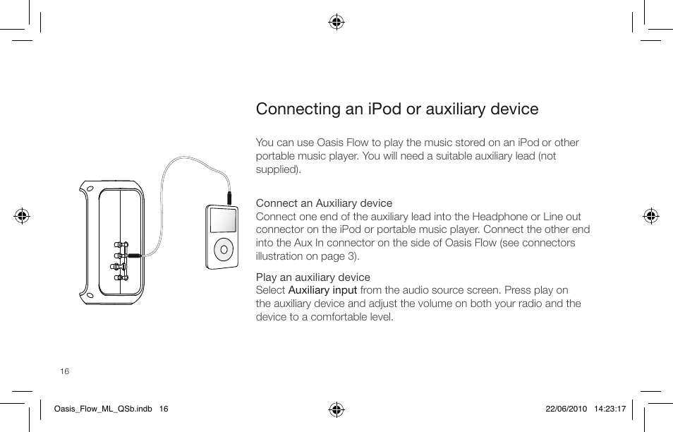 Connecting an ipod or auxiliary device | Pure Oasis Flow - Quick Start Guide User Manual | Page 16 / 92