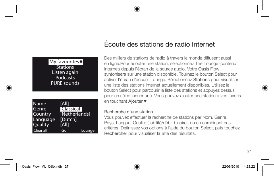 Écoute des stations de radio internet | Pure Oasis Flow - Quick Start Guide User Manual | Page 27 / 92
