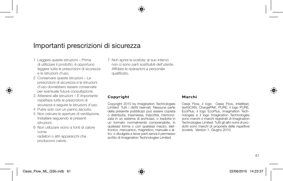 Importanti prescrizioni di sicurezza | Pure Oasis Flow - Quick Start Guide User Manual | Page 61 / 92