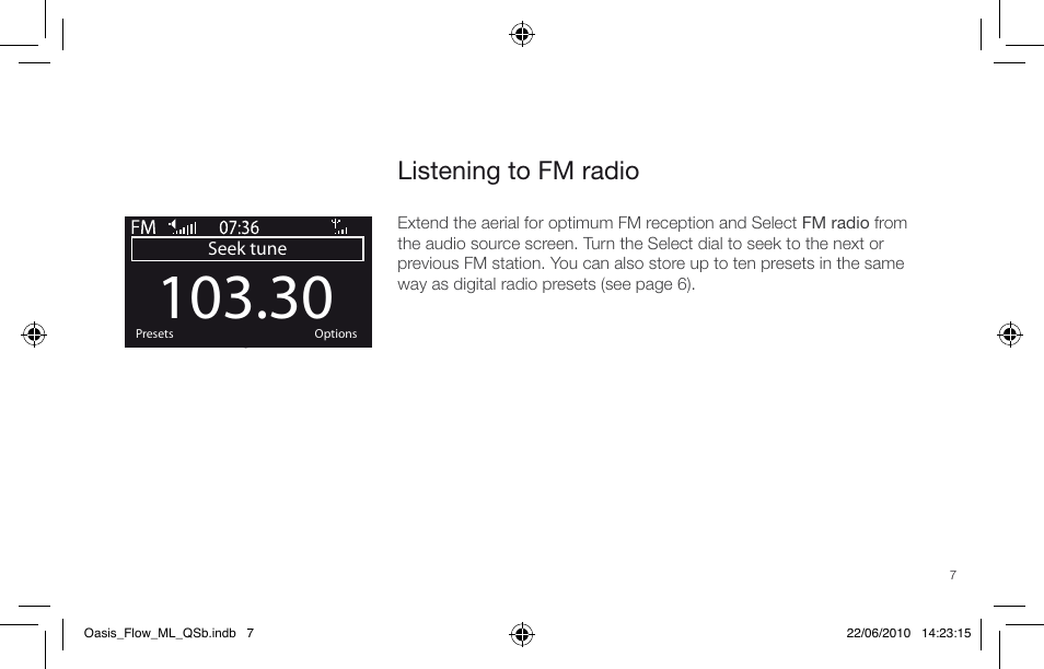 Listening to fm radio | Pure Oasis Flow - Quick Start Guide User Manual | Page 7 / 92